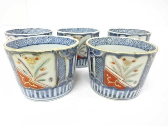 古伊万里　染付色絵　蕎麦猪口　5客